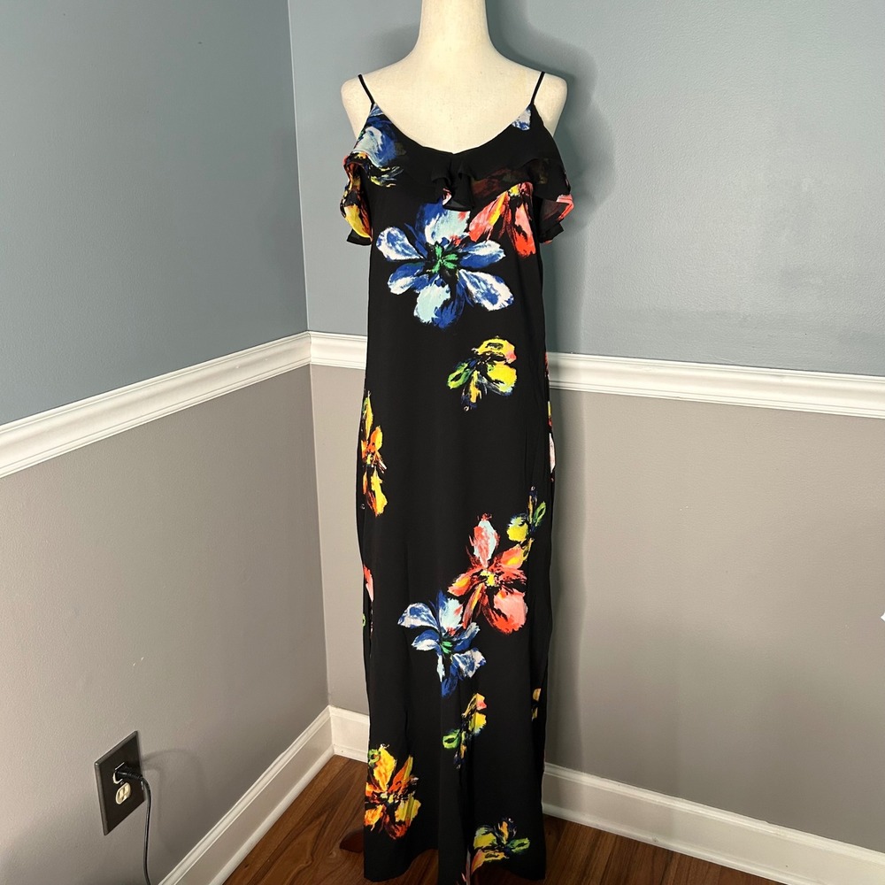 Mossimo Womens Floral Maxi Dress Ruffle Neck XS Summer Boho beach party tropical